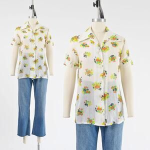 Vintage 70s White Floral Shirt Retro Sheer Voile Dagger Collared Blouse XS S